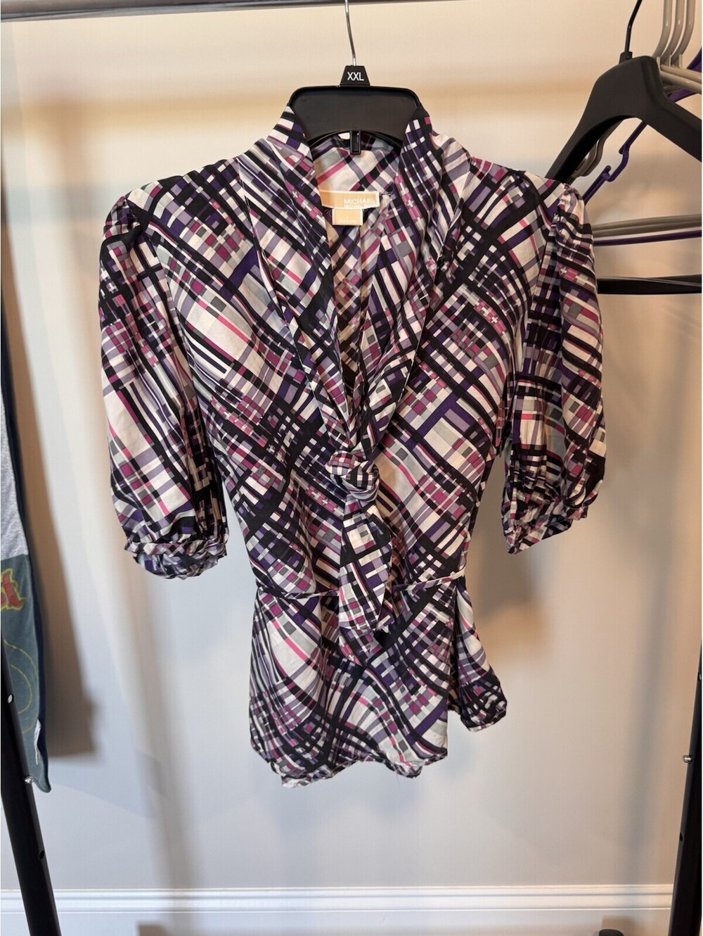 Michael Michael Kors Women's Plaid Tie Front Cinched Waist Top Size 8